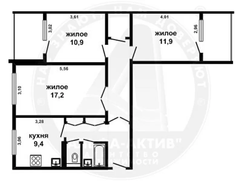 3-комн. квартира,  Брест,  Партизанский пр-т,  72, 9/40/9, 39. s140995