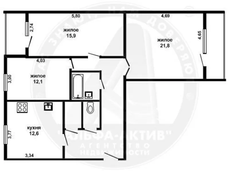 3-комн. квартира,  Брест,  Московская ул.,  1997 г.п.,  1/5 кирп. s112095 2