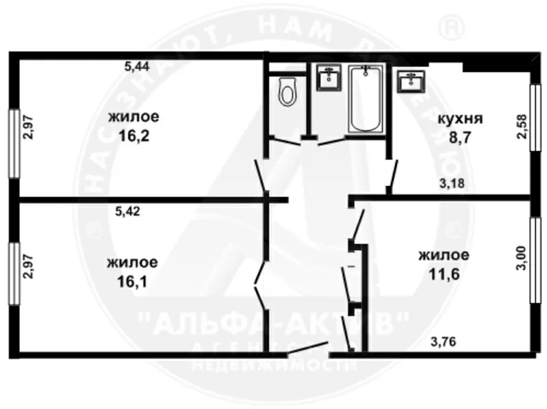 3-комн. квартира,  Береза ,  Северный городок,  1/5 пан.,  63/44/9. 101644 3