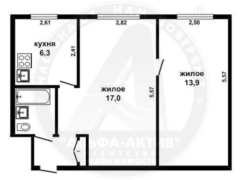 2-комн. квартира,  Брест,  Гоголя,  2/5 кирп.,  42, 6/30, 9/6, 3. s140311 2