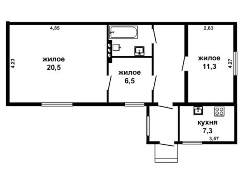 Квартира в доме. Кирпич/шифер.  Общ. 58, 7 кв.м. Жил. 38, 3 кв.м. r16005 2