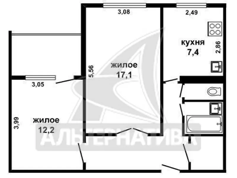 2-комнатная квартира,  Сосновый пер.,  1988 г.п.,  51, 8/23, 3/7, 4. w160842 9