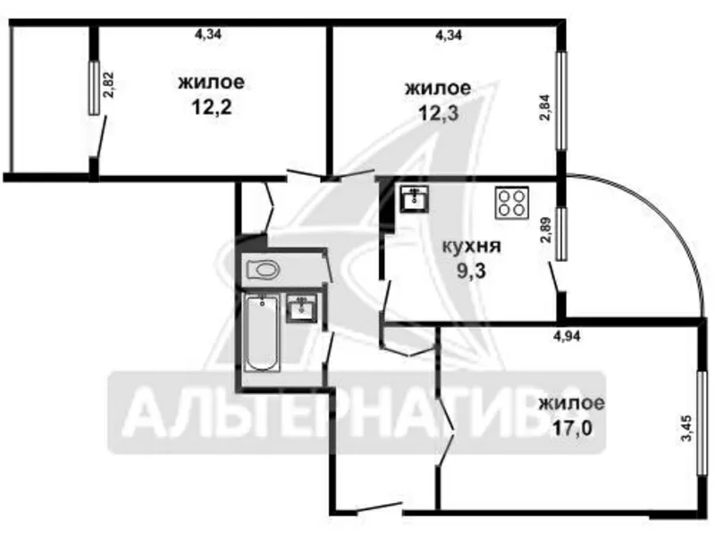 3-комнатная квартира,  г.Брест,  Сябровская ул.,  1993 г.п. w170428 12