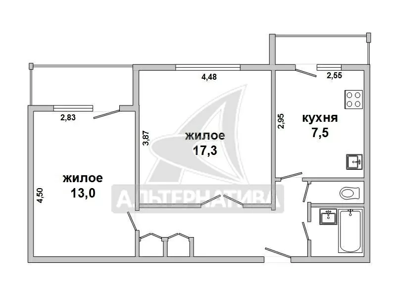 2-комнатая квартира,  г.Брест,  Луцкая ул.,  54, 4/51, 5/30, 3/7, 5. w162417 2