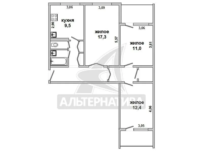 3-комнатная квартира,  г.Брест,  Пионерская ул., 1975 г.п. w170912 9