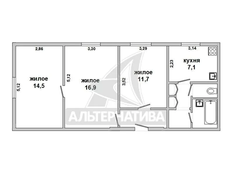 3-комнатная квартира,  г.Брест,  Куйбышева ул.,  62, 8/43, 1/7, 1. w160357 11