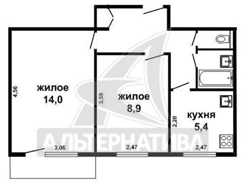 2-комнатная квартира,  Пионерская ул.,  1967 г.п,  38, 9/22, 9/5, 4. w160320 7