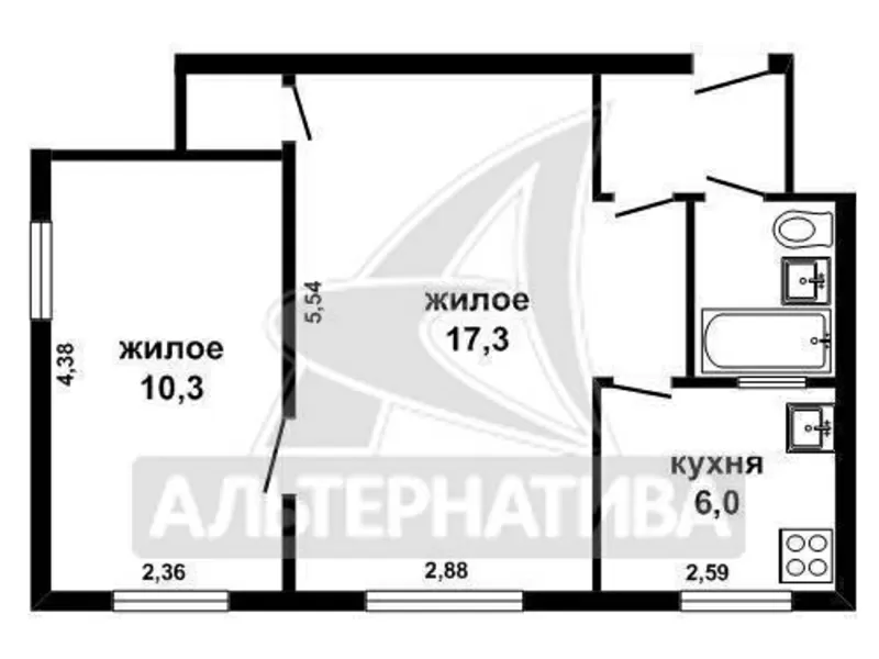2-комнатная квартира,  Космонавтов бул,  1960 г.,  40, 2/27, 6/6. w160231 3