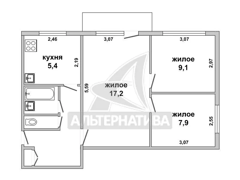 3-комнатная квартира,  г. Брест,  пр-т Партизанский,  1974 г.п. w181648 10