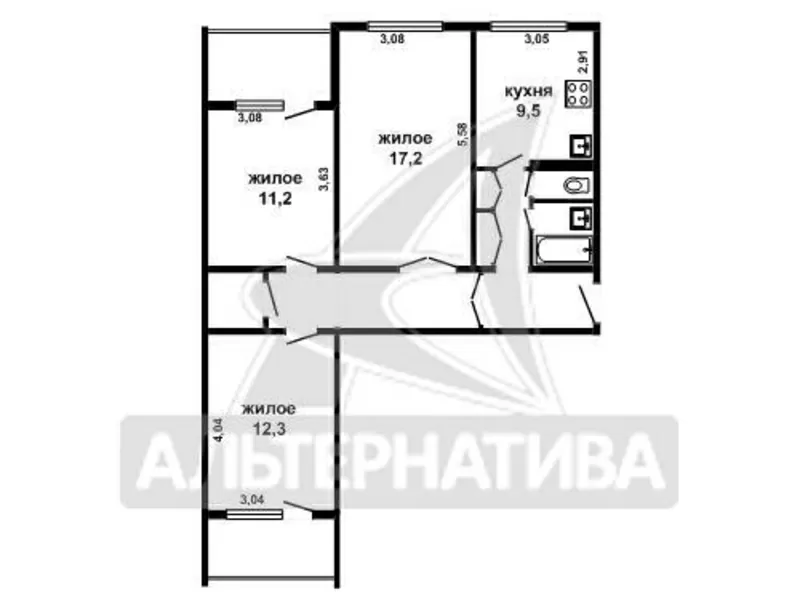 3-комнатная квартира,  Брест,  Партизанский пр,  74, 1/69, 2/40, 7. w161464 8