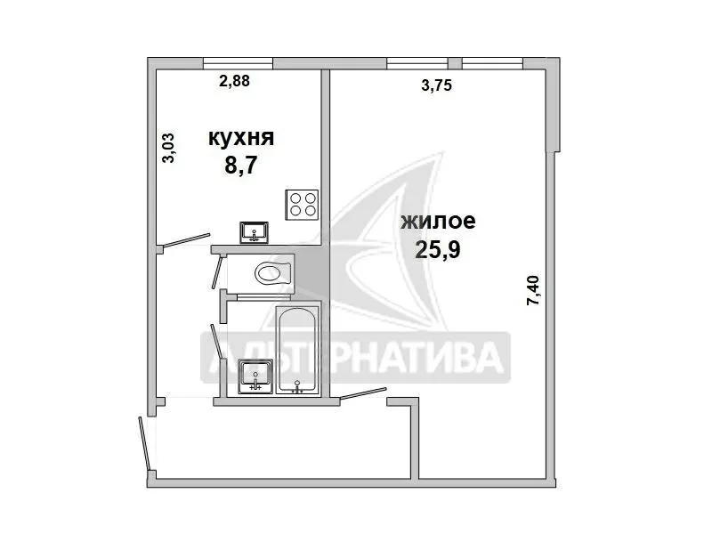 1-комнатная квартира,  Брест,  Дзержинского,  47, 7/47, 7/25, 9/8, 7. w162075 6