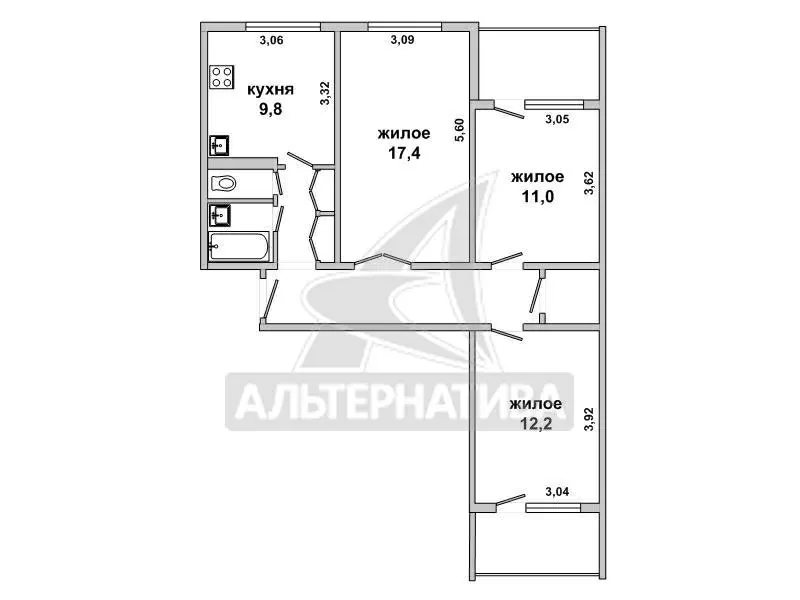 3-комнатная квартира,  г.Брест,  Пушкинская ул.,  1978 г.п. w171772 6