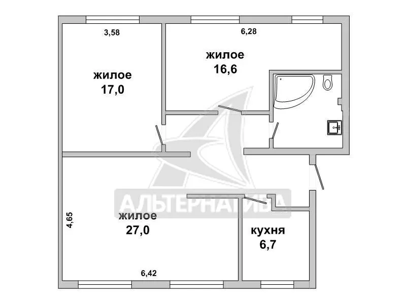 3-комнатная квартира,  ГОБК,  3+м/3+м кирпичного,  86, 8/60, 6/6, 7. w160661 2