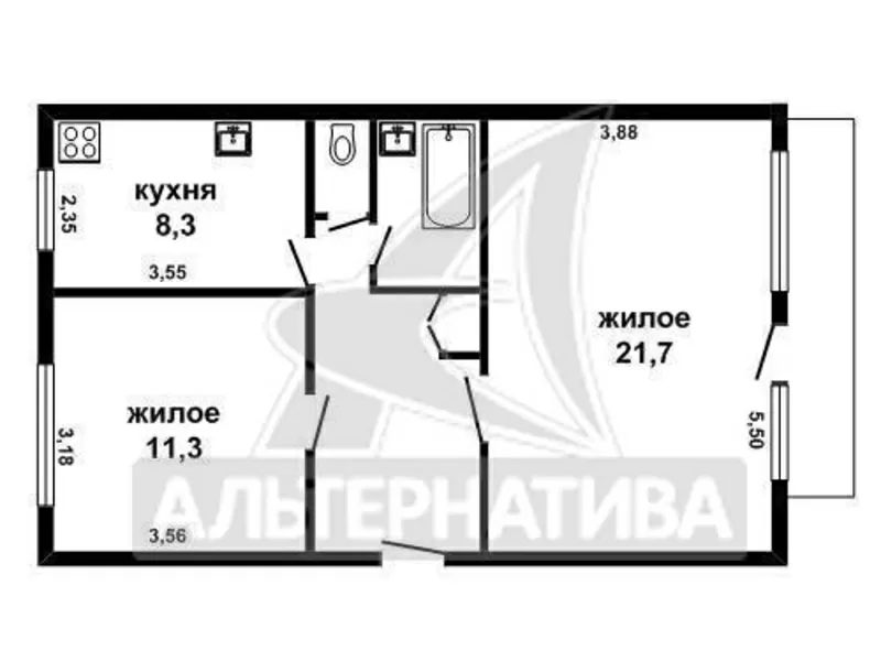 2-комнатная квартира,  Брест,  Коммунистическая,  55, 3/33/8, 3. w160080 10