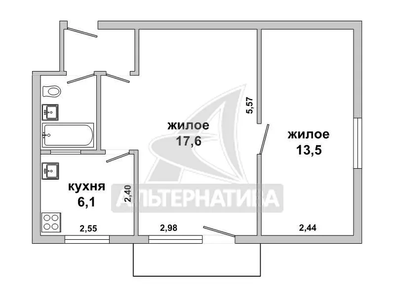 2-комнатная квартира,  г. Жабинка,  ул. 22 съезда КПСС. w181824 2